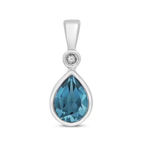 Diamond 0.005ct and London Blue Topaz Pendant 7X5mm 9ct White Gold